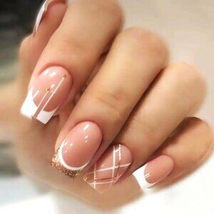 Nails Glitter Fake Press On Glossy 24 French Tip Manicure Sexy Glam Gold Trendy